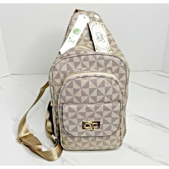 Vegan Sling Backpack Crossbody Geometric Pattern Lead-Free Shoulder Bag in Taupe - Picture 1 of 7